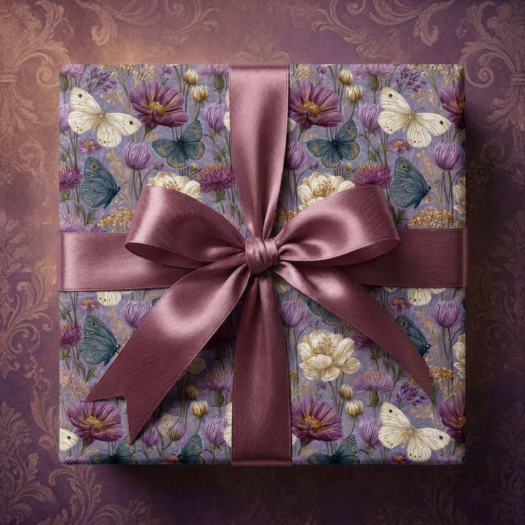 Luxury vintage butterfly and floral wrapping paper with a mauve satin bow by Wrapped Studios.