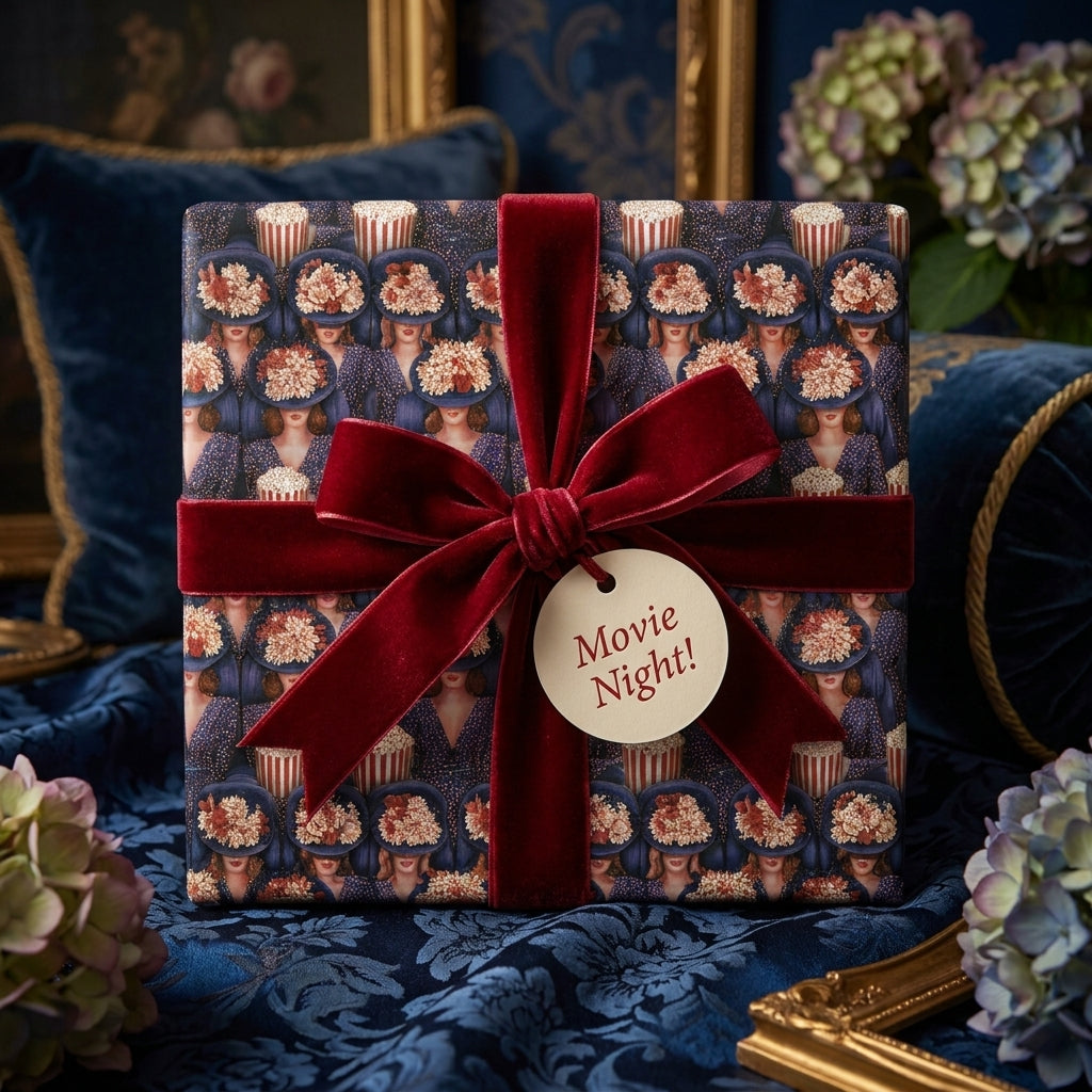 Luxury movie night wrapping paper by Wrapped Studios with retro cinema pattern and red velvet bow.
