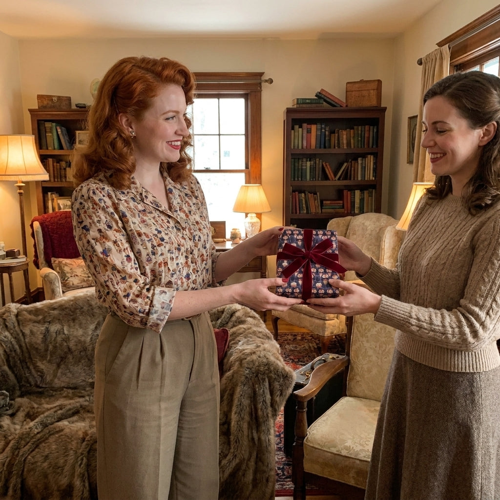 Two women exchange a gift with navy vintage holiday wrapping paper and red velvet bow by Wrapped Studios.
