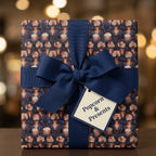 Retro movie night wrapping paper with a navy blue ribbon and gift tag by Wrapped Studios.