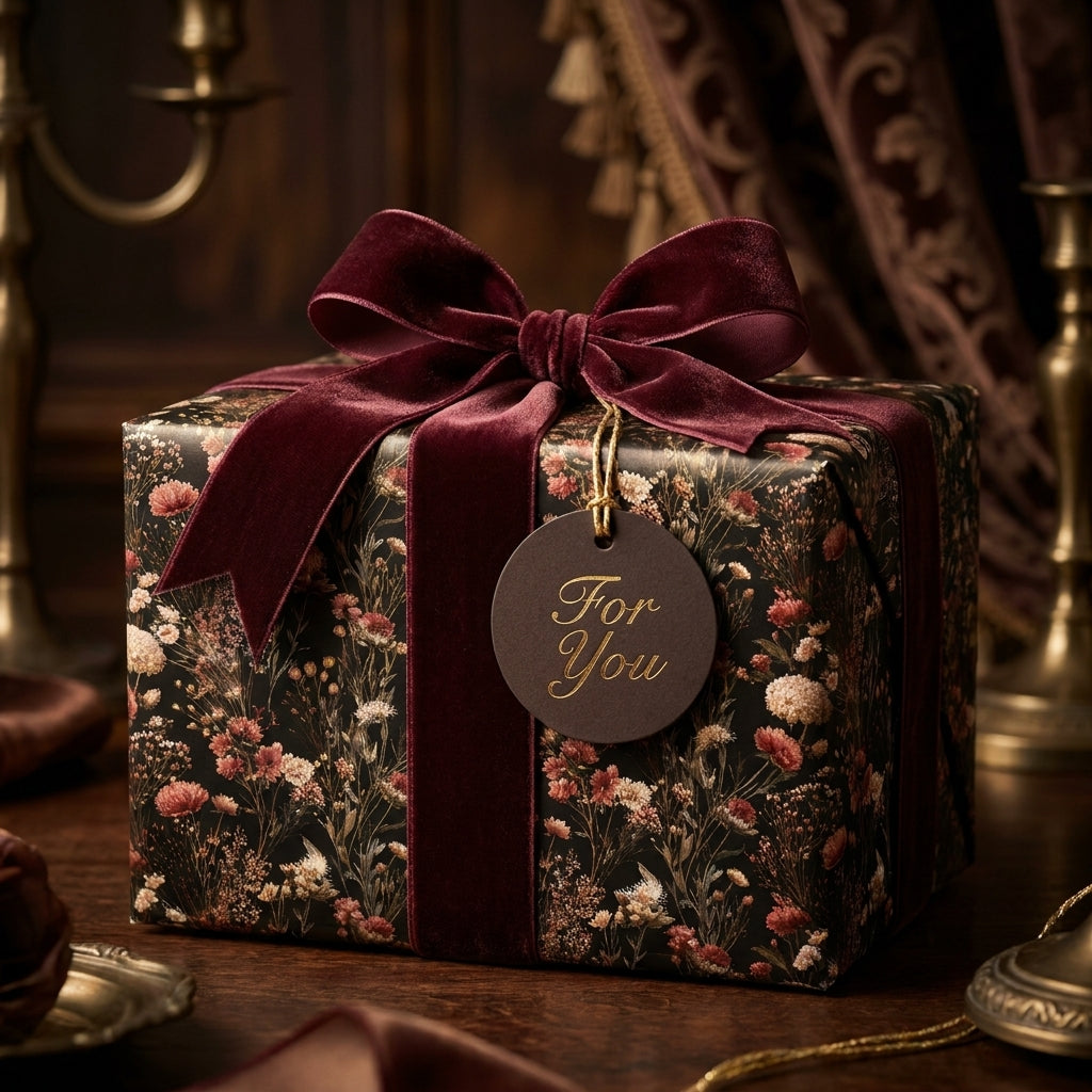 Luxury vintage floral wrapping paper on a gift box with a burgundy velvet bow by Wrapped Studios.