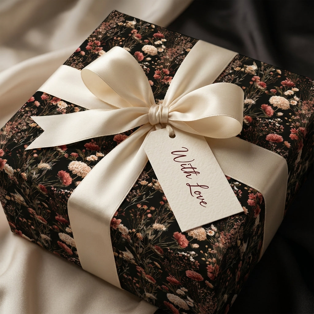 Luxury vintage floral wrapping paper by Wrapped Studios with cream satin ribbon and a 'With Love' gift tag.