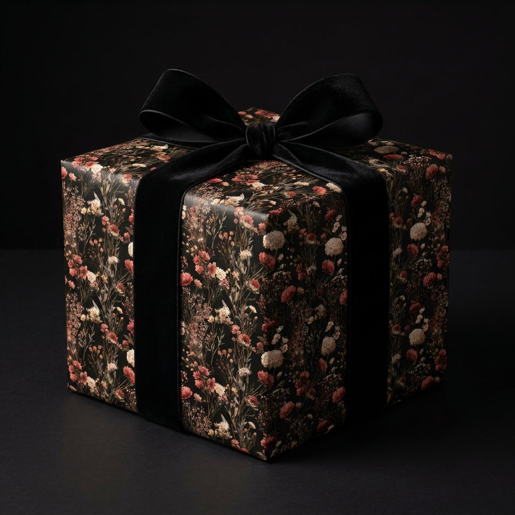 Luxury dark floral wrapping paper with a black velvet ribbon on a gift box by Wrapped Studios.