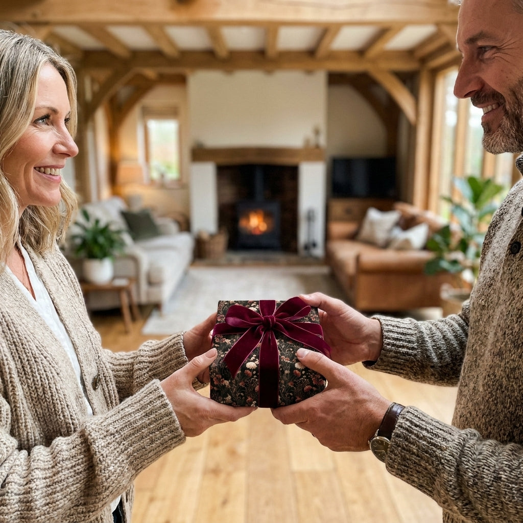 Couple exchanging a gift in luxury floral wrapping paper with a burgundy velvet bow by Wrapped Studios.