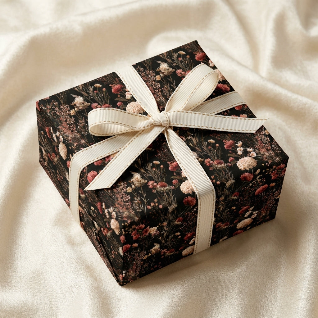 Moody vintage floral wrapping paper on a gift box with cream ribbon bow, by Wrapped Studios.
