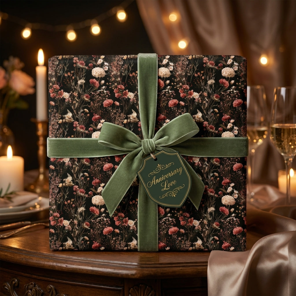 Dark floral wrapping paper with a sage green velvet bow and anniversary tag by Wrapped Studios.