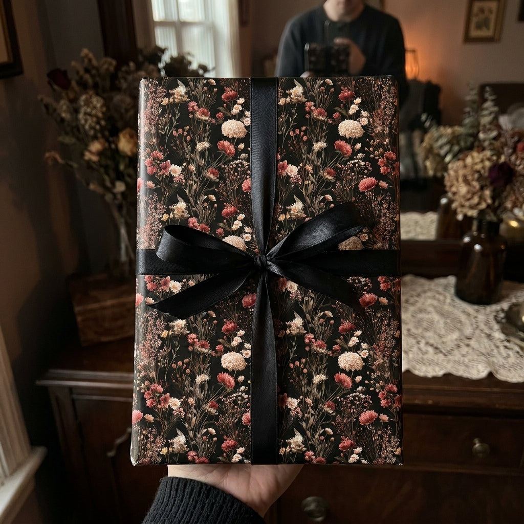 Luxury dark botanical floral wrapping paper with black satin bow by Wrapped Studios.