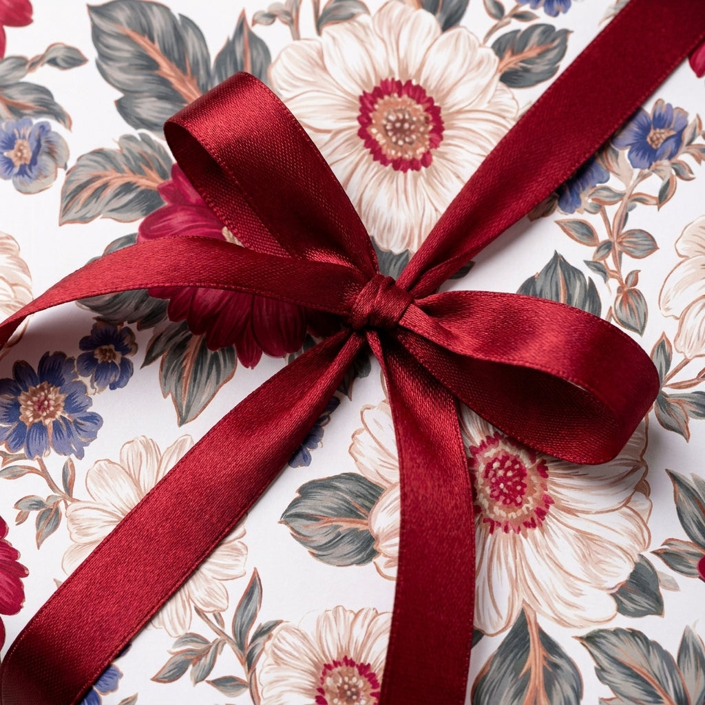 Vintage floral wrapping paper with a burgundy satin bow by Wrapped Studios.