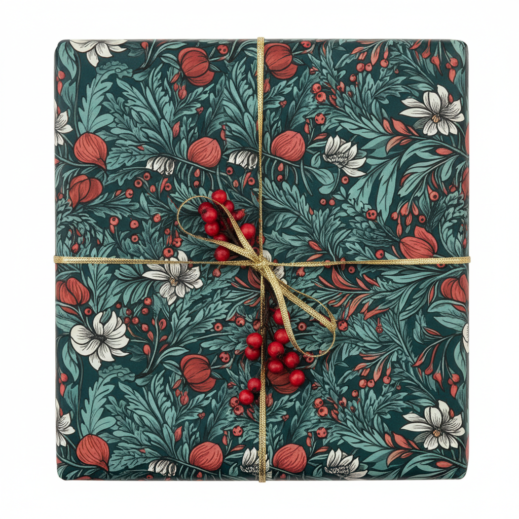 Vintage botanical Christmas wrapping paper with red berries, white flowers, and green leaves, tied with a gold ribbon for elegant holiday gifts.