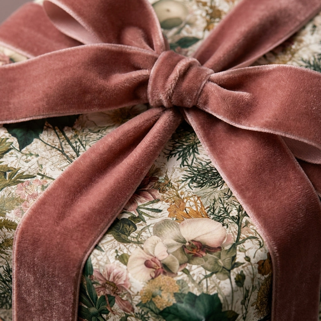 Luxury botanical floral wrapping paper with a dusty rose velvet ribbon bow, by Wrapped Studios.