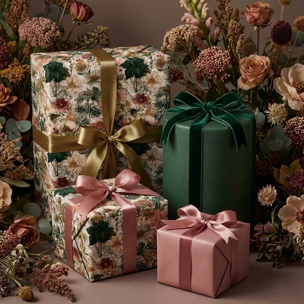 Luxury vintage floral wrapping paper and elegant solid gift wrap with ribbons by Wrapped Studios.