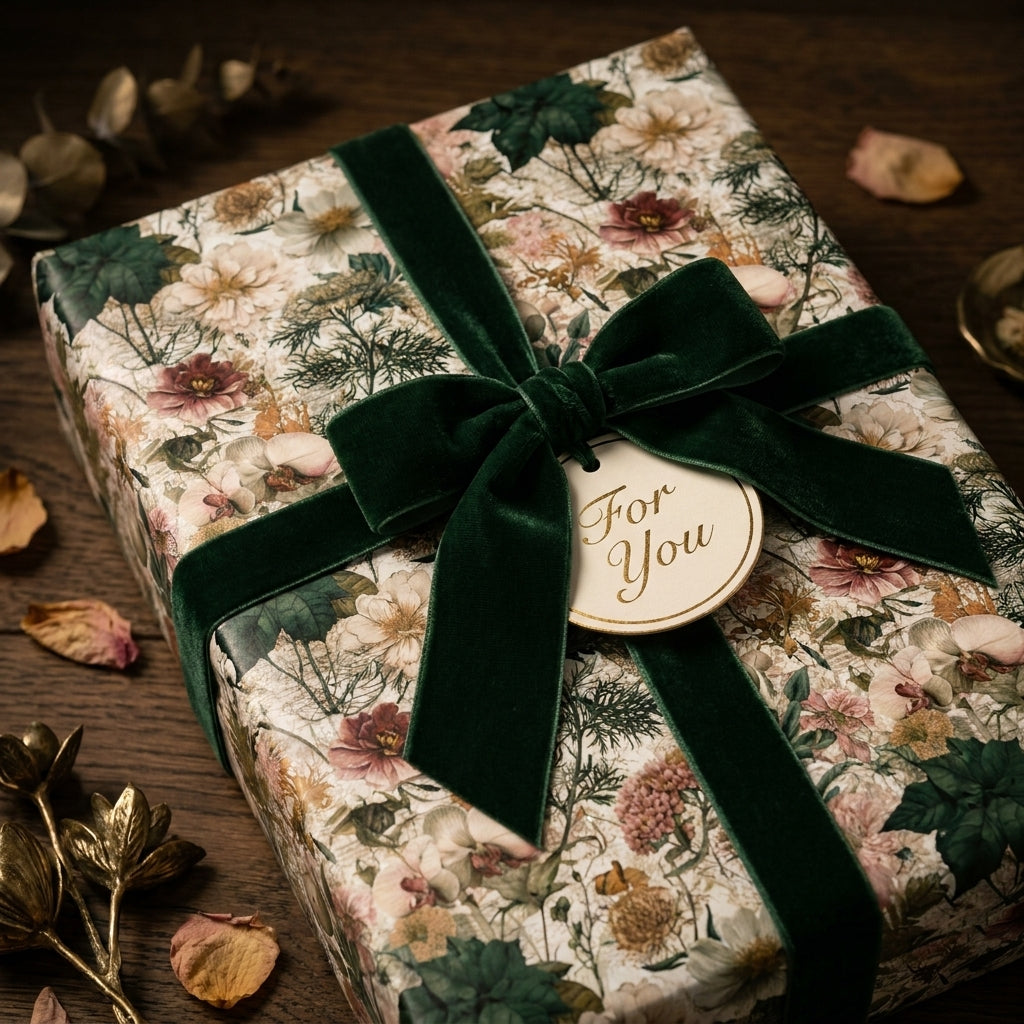 Vintage floral wrapping paper with a forest green velvet ribbon and gift tag by Wrapped Studios.