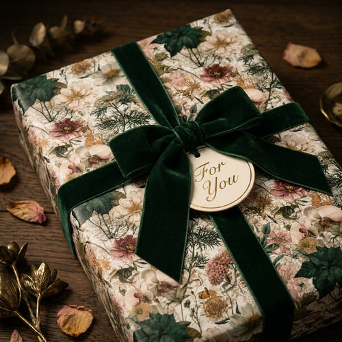 Vintage floral wrapping paper with a forest green velvet ribbon and gift tag by Wrapped Studios.
