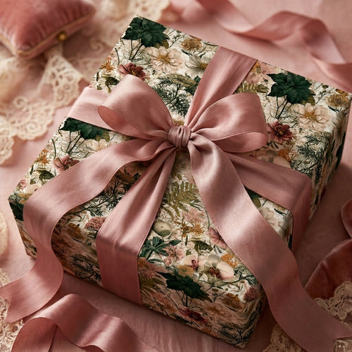 Vintage botanical floral wrapping paper with a dusty rose ribbon, luxury gift wrap by Wrapped Studios.