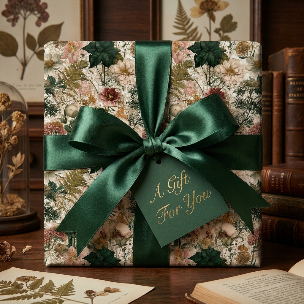 Luxury vintage botanical wrapping paper with a forest green satin bow by Wrapped Studios.