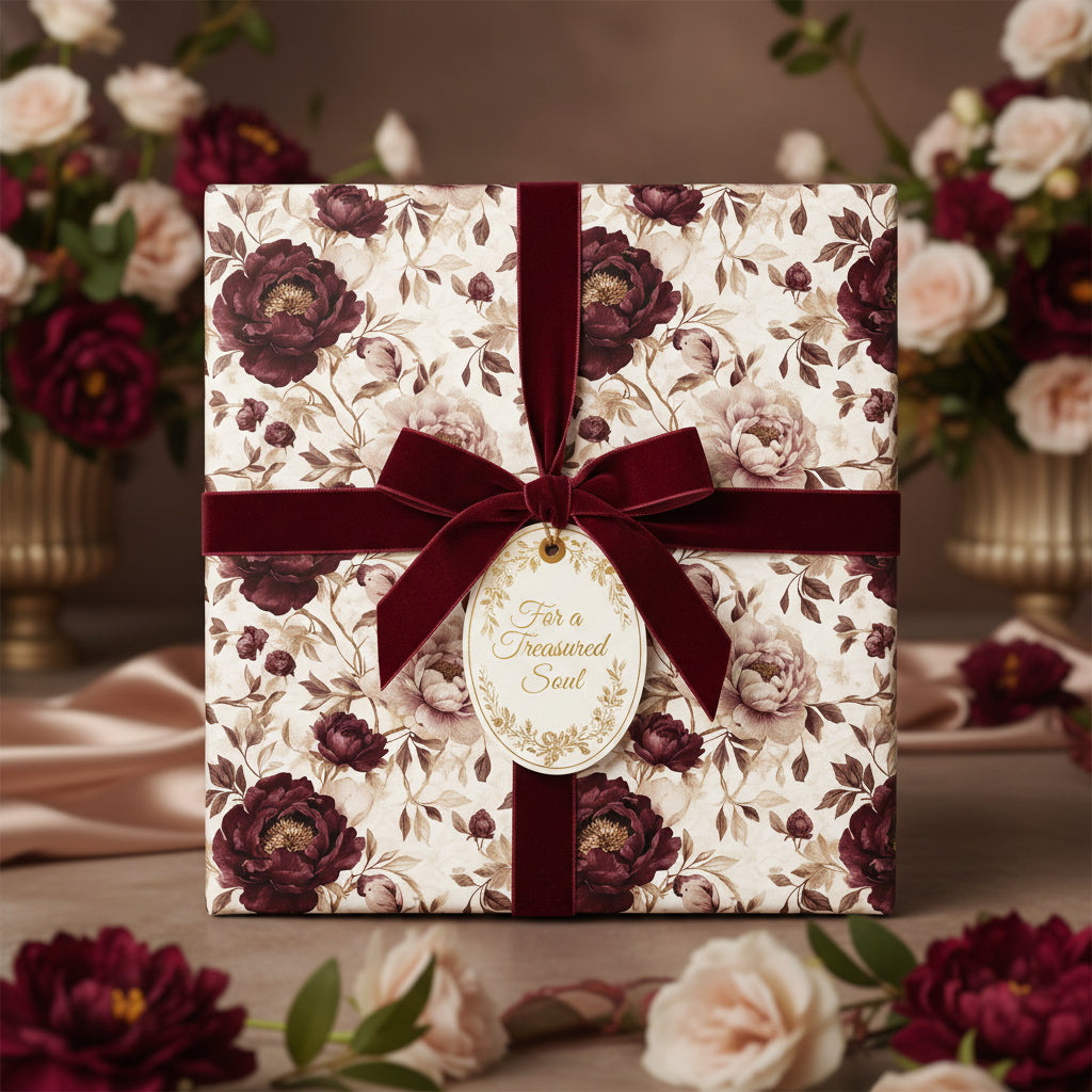 Elegant gift wrapped in burgundy floral wrapping paper with a velvet ribbon and tag.