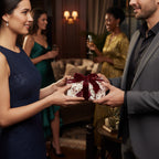 Woman receiving elegant floral wrapping paper with a velvet burgundy bow at a party.