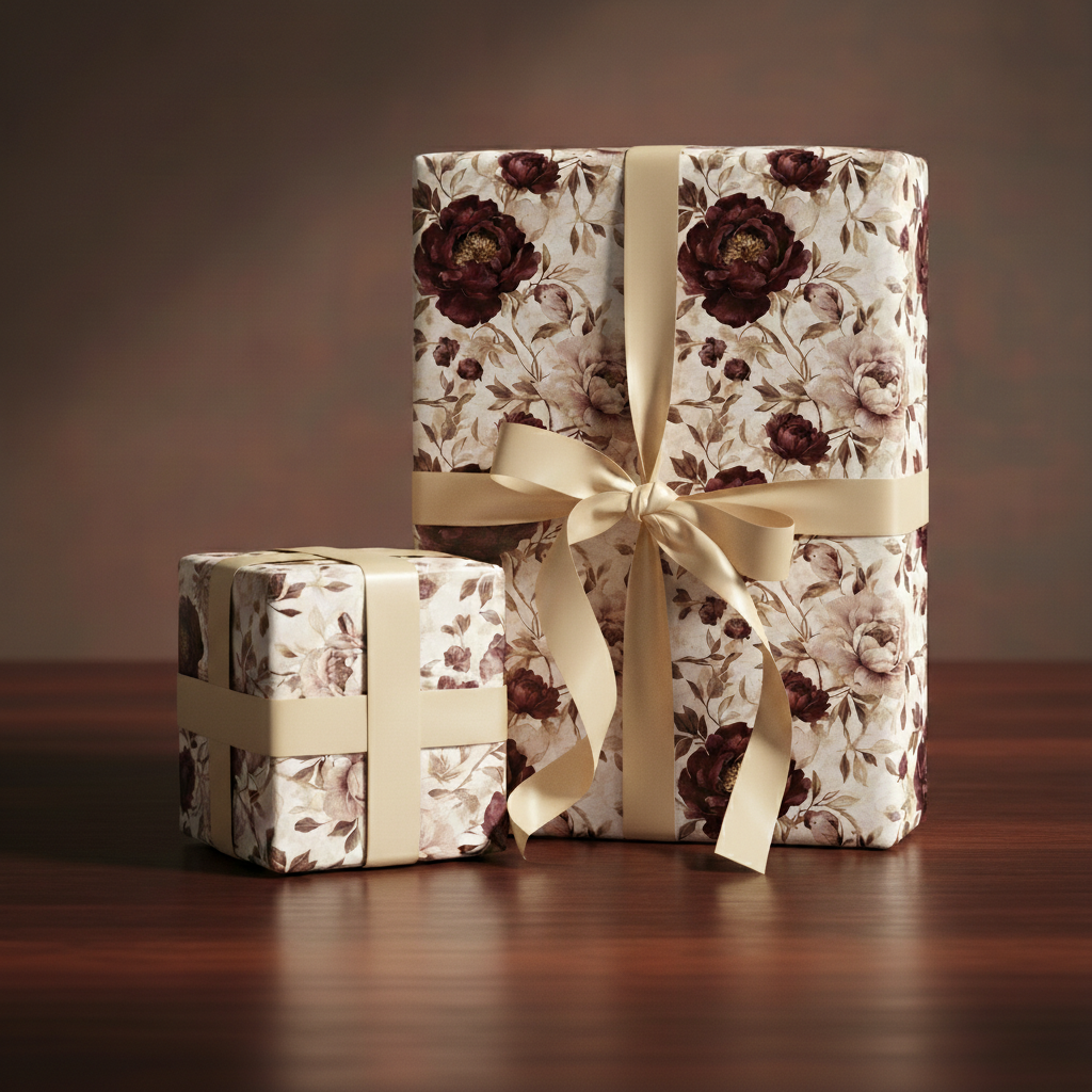 Elegant gift boxes in vintage floral wrapping paper with gold ribbon bows for birthdays or special occasions.