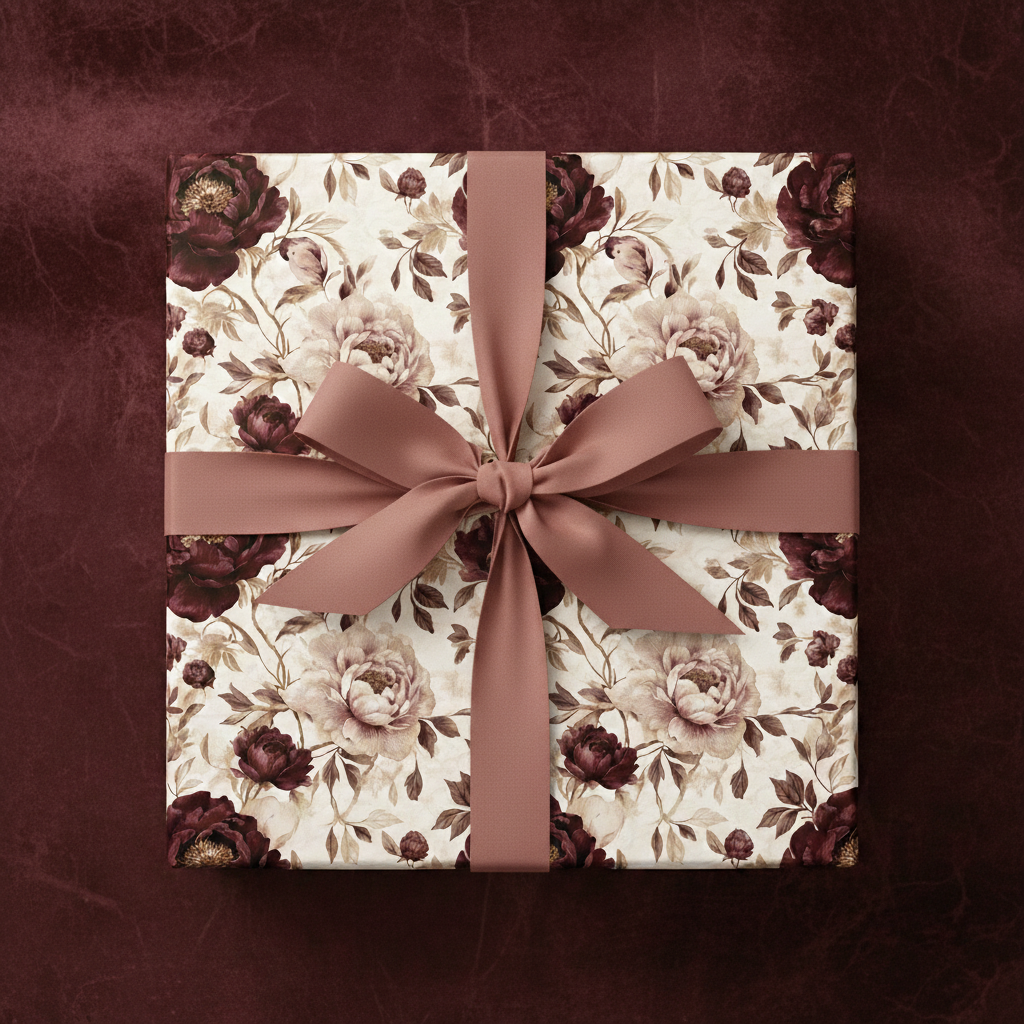 Elegant floral wrapping paper on square gift box with matching dusty rose ribbon and bow.