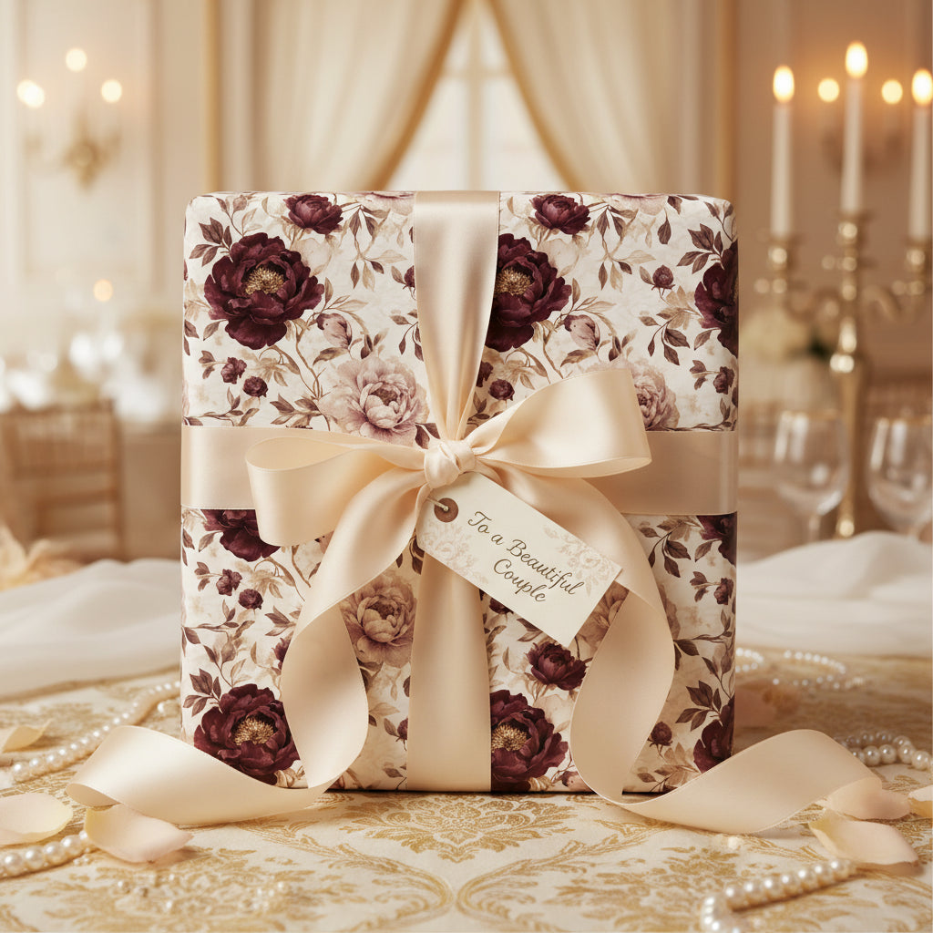 Elegant wedding gift wrapped in floral wrapping paper with a satin ribbon and a tag for a beautiful couple.
