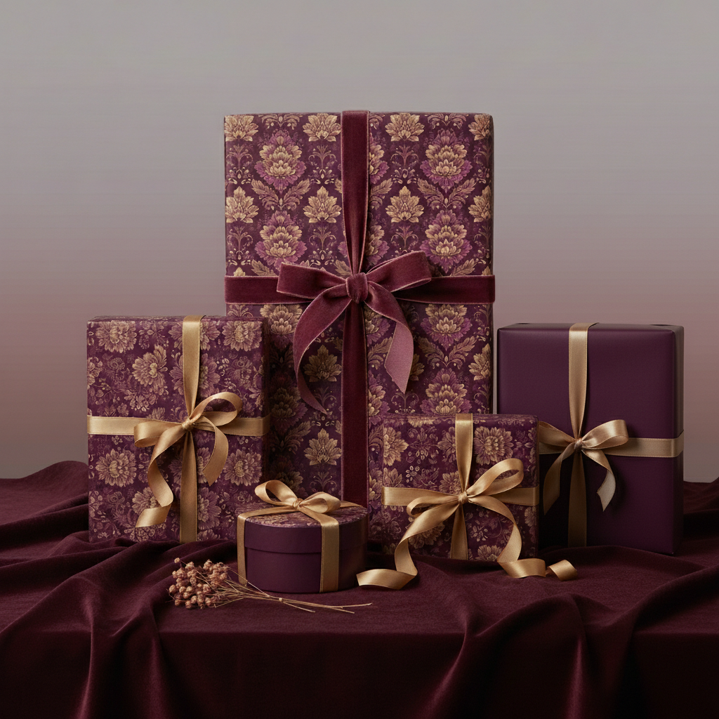Elegant gifts wrapped in purple floral wrapping paper with velvet and satin ribbons.