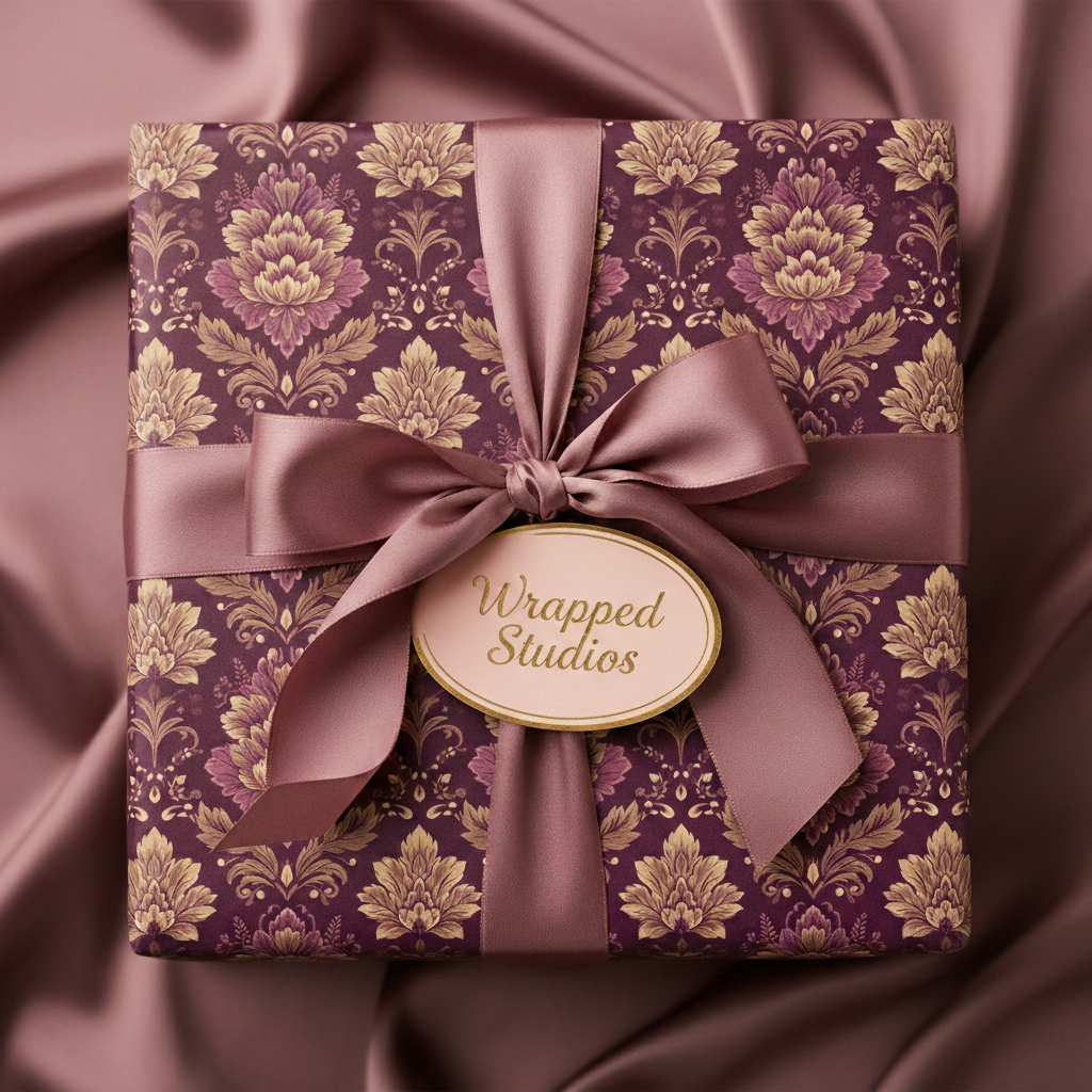 Elegant luxury gift wrap with a vintage floral pattern and mauve satin ribbon on a silky background.