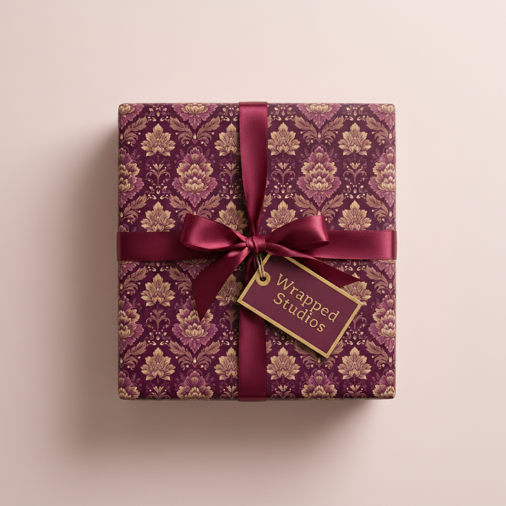Burgundy damask wrapping paper with matching ribbon and gift tag.