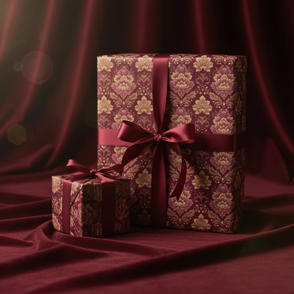 Elegant gifts wrapped in burgundy and gold floral wrapping paper with satin ribbon bows.