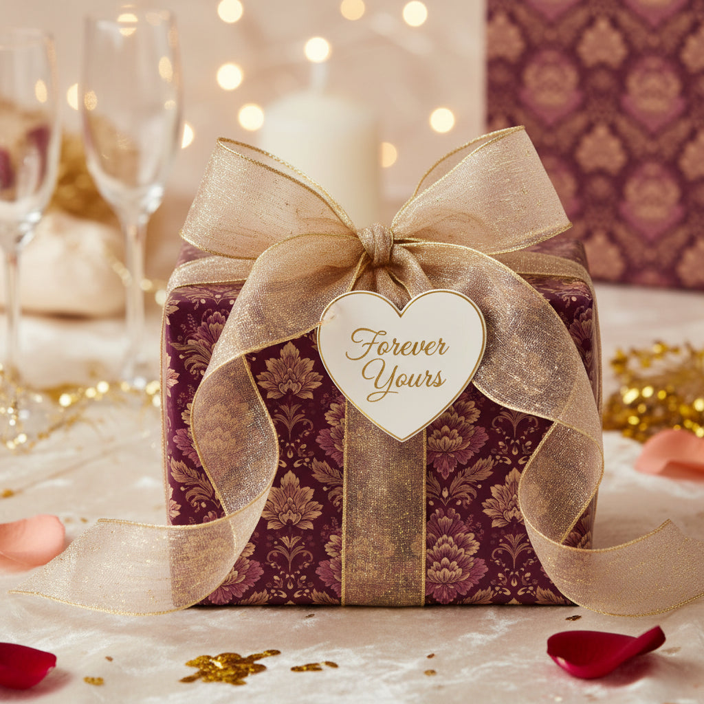 Elegant floral wrapping paper in burgundy and gold, adorned with a sheer gold ribbon and heart-shaped tag.