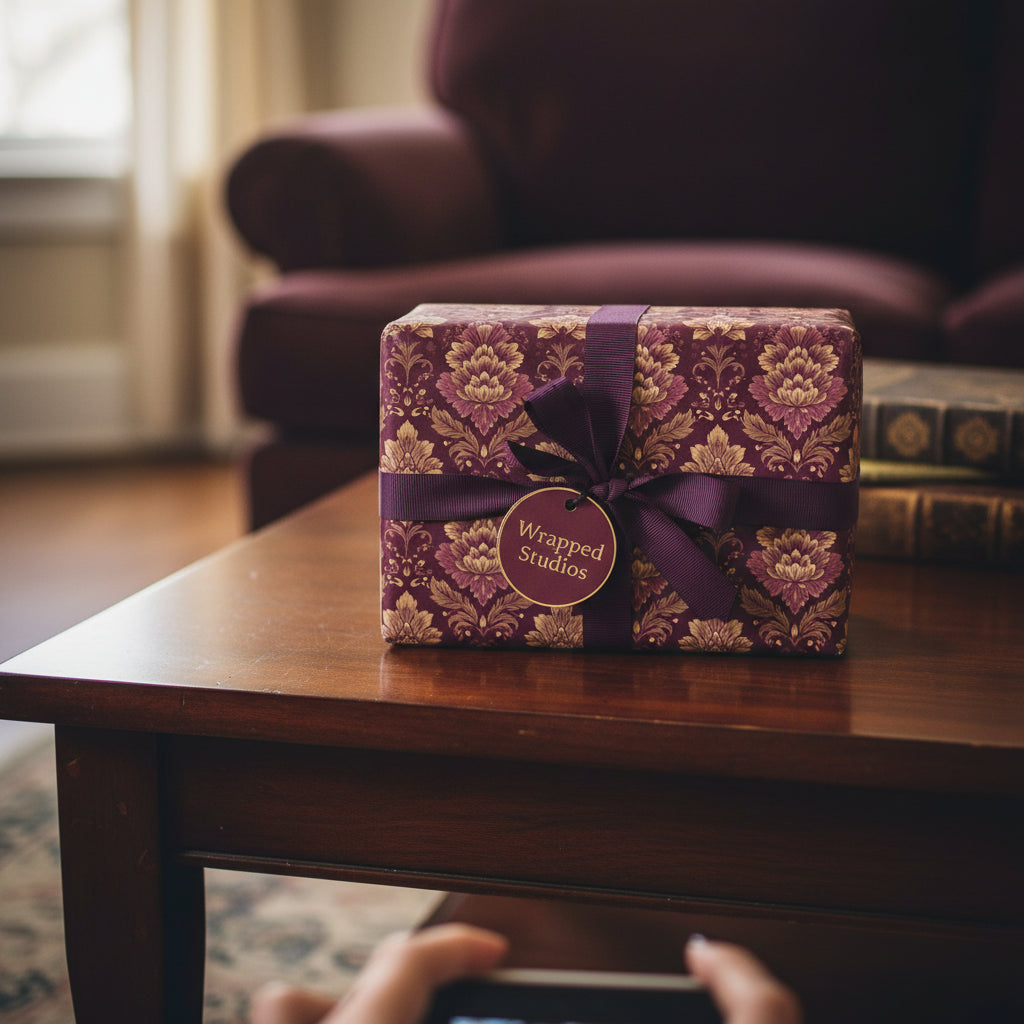 Elegant square gift wrapped in burgundy and gold floral wrapping paper with a purple ribbon.