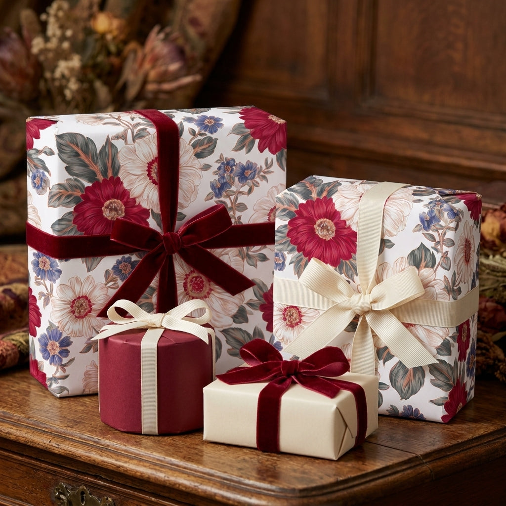 Luxury floral gift wrap with vintage red botanical print and velvet ribbons by Wrapped Studios.