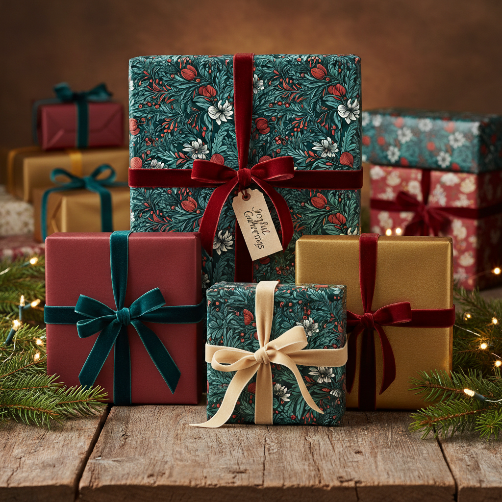 Elegant Christmas gifts in festive floral and solid wrapping paper with velvet ribbons, on a rustic wooden table with pine garland and fairy lights.