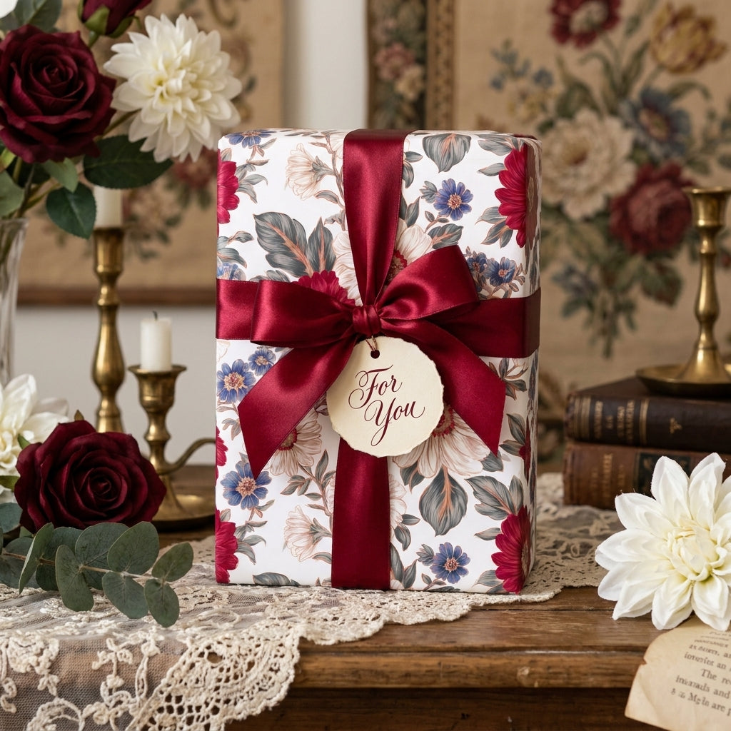Luxury vintage floral wrapping paper with a burgundy satin ribbon and tag, by Wrapped Studios.