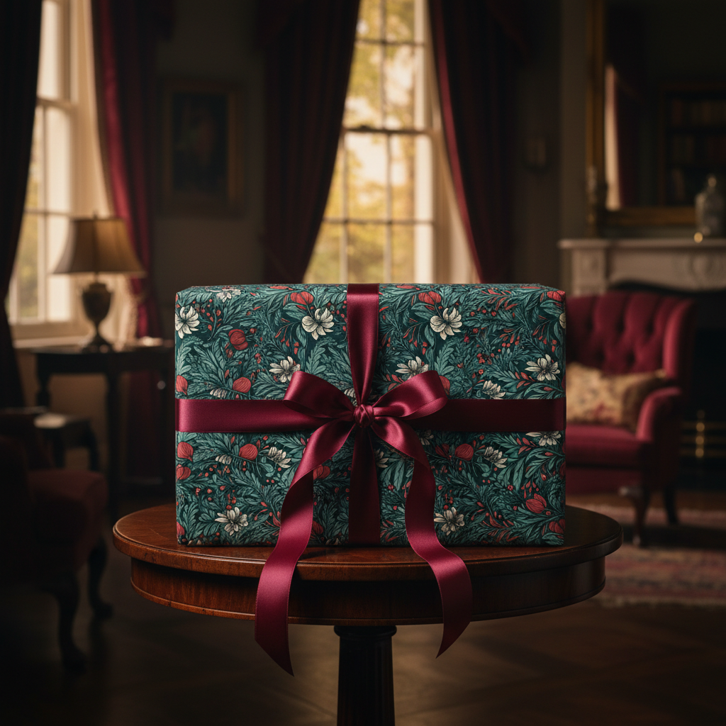 Luxury floral wrapping paper in teal with red flowers and a deep red satin ribbon, perfect for elegant gifts.