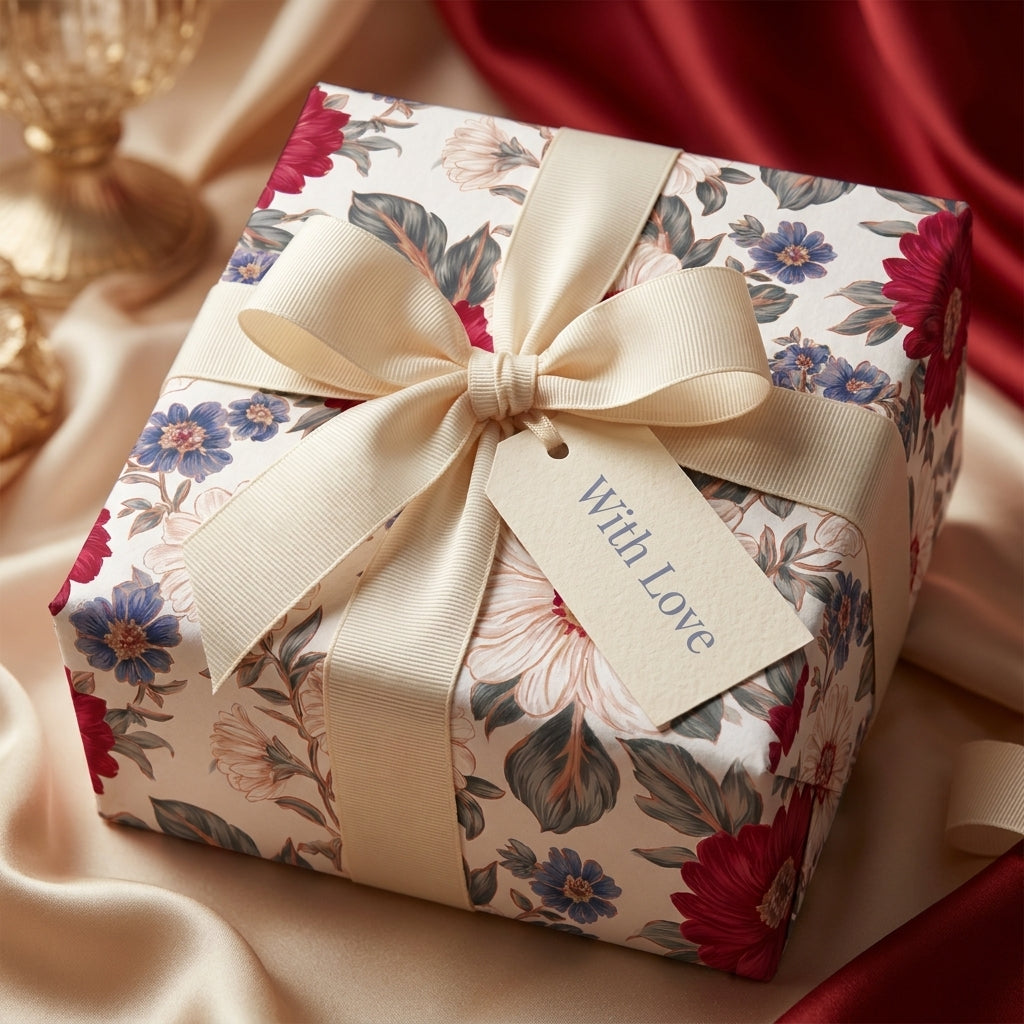 Vintage floral wrapping paper with burgundy flowers, cream bow, and 'With Love' tag by Wrapped Studios.
