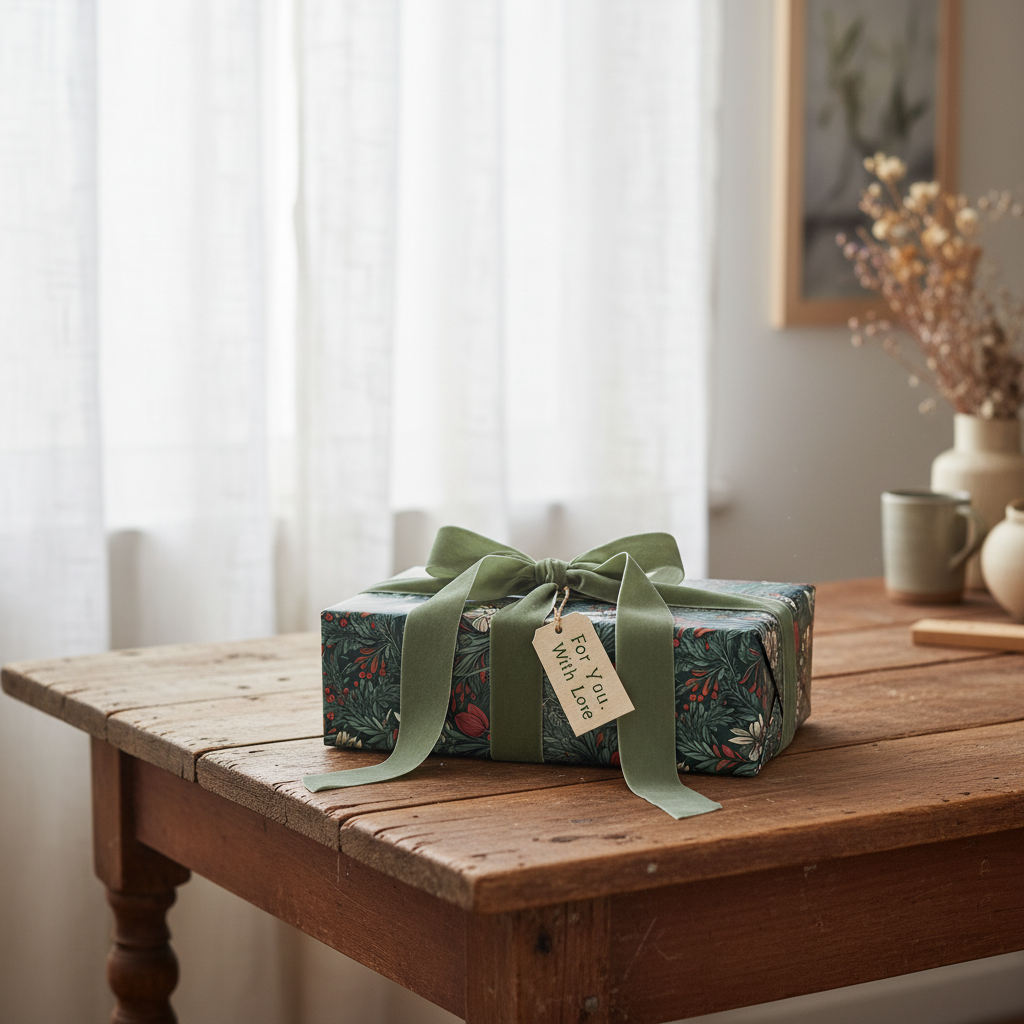 Luxury vintage floral wrapping paper with green ribbon and gift tag on a rustic wooden table, perfect for birthdays or holidays.