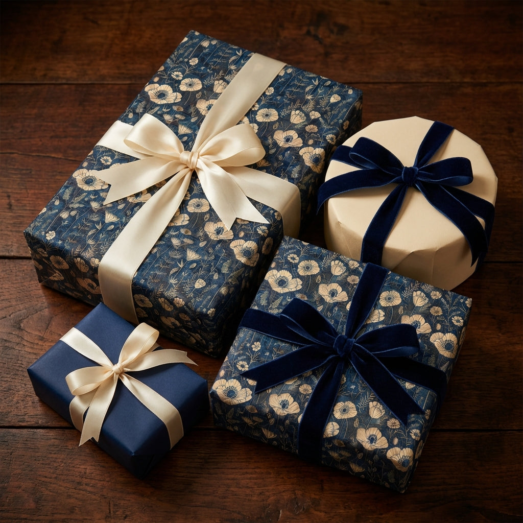 Assorted gifts wrapped in luxury floral wrapping paper with elegant ribbons on a wooden table.