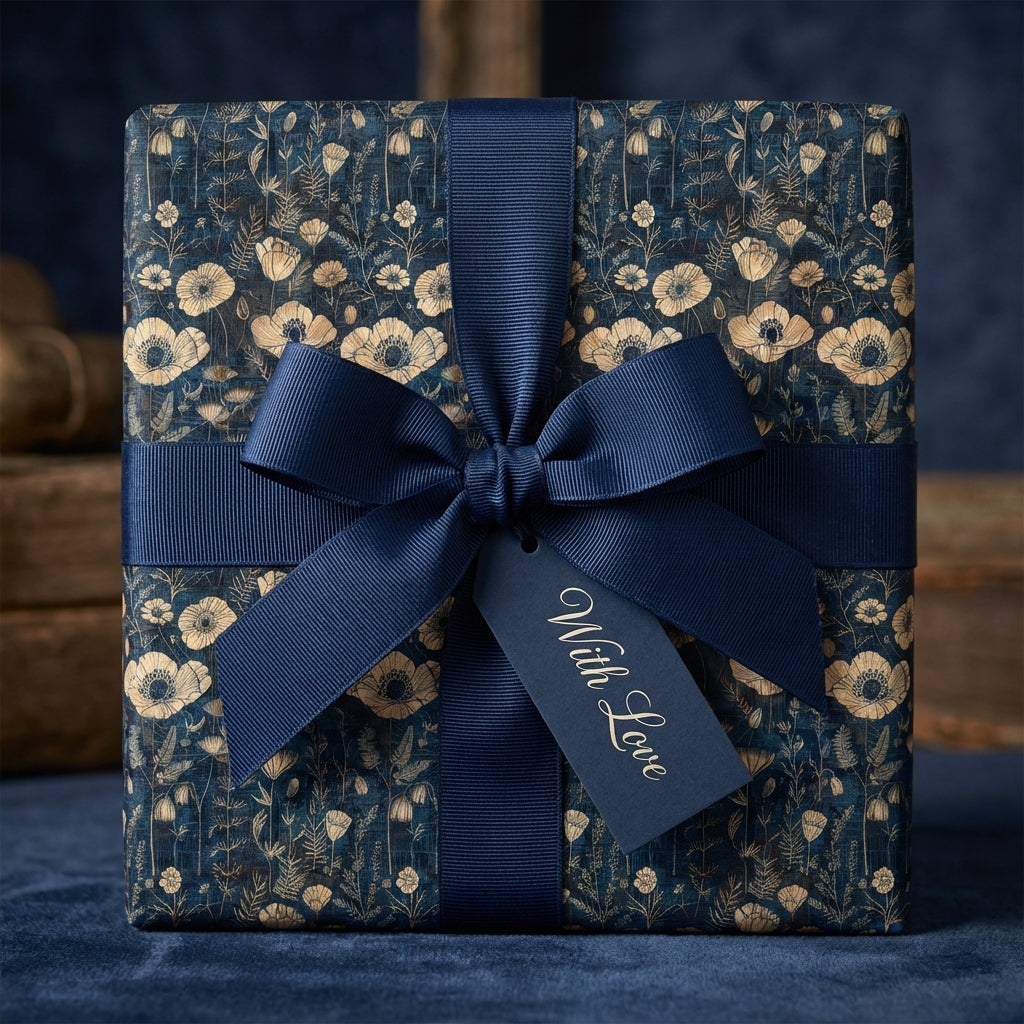 Elegant floral wrapping paper in navy and gold, tied with a navy ribbon and "With Love" gift tag.
