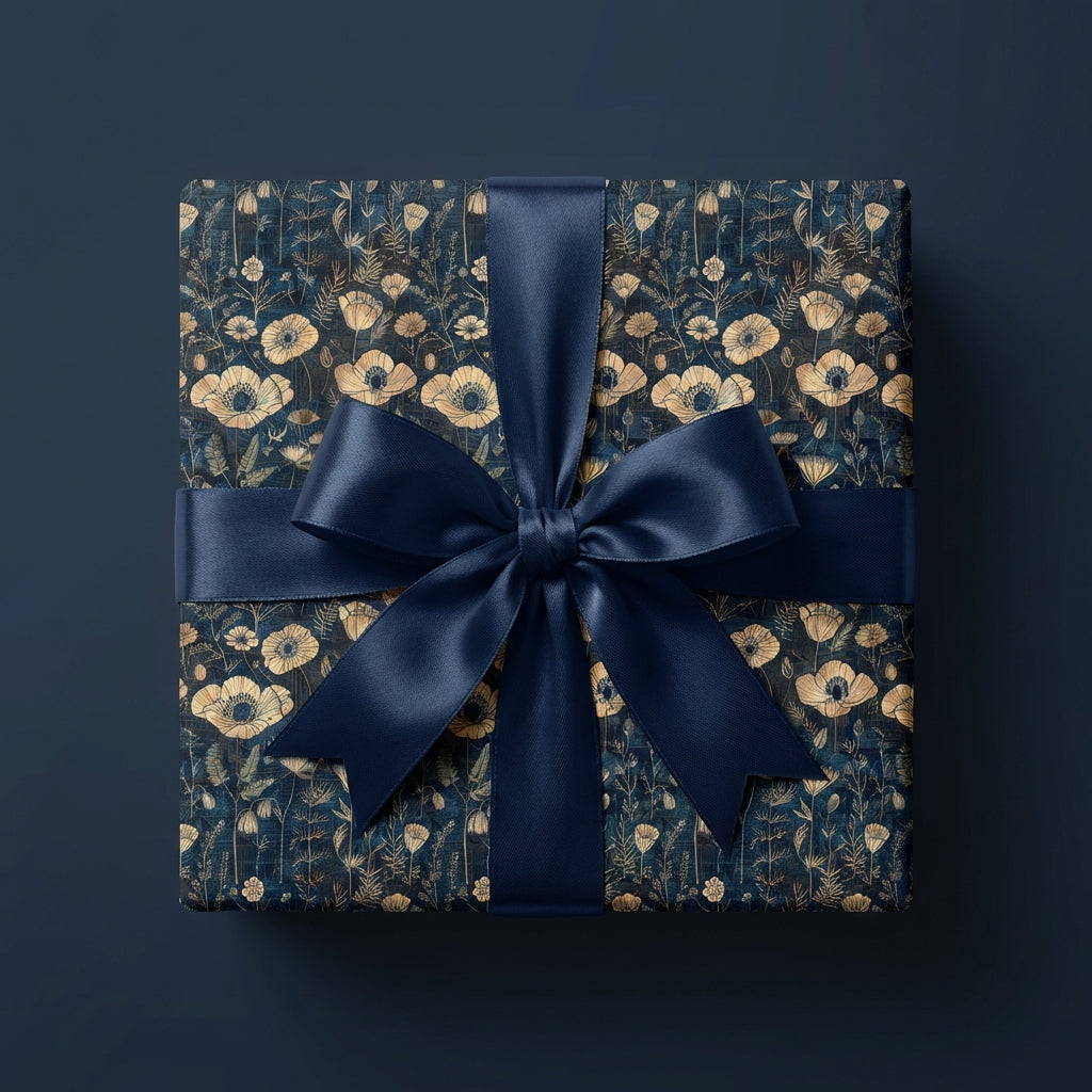 Navy blue floral wrapping paper on a square gift box with a matching satin ribbon bow.