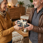 Mature couple exchanging a gift wrapped in navy floral wrapping paper with a cream ribbon.