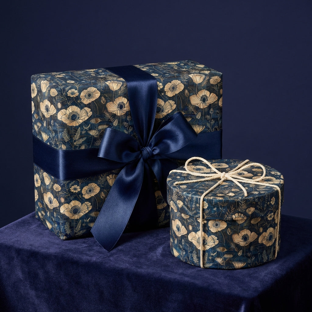 Two vintage floral patterned gift boxes with ribbons on a dark blue background. Luxury gift wrap.