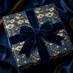 Elegant gift wrapped in blue floral wrapping paper, tied with a plush navy velvet ribbon and bow.