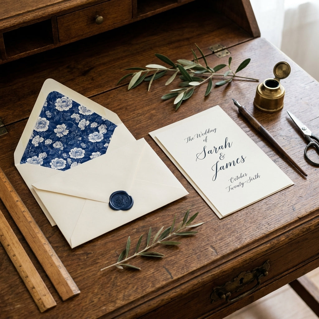 Luxury navy floral envelope liner and wedding invitation set on a vintage desk by Wrapped Studios.