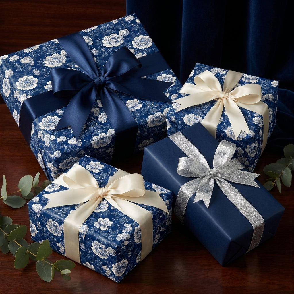 Luxury navy blue floral wrapping paper and satin ribbons on gift boxes by Wrapped Studios.