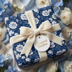 Luxury navy blue floral wrapping paper by Wrapped Studios, tied with a cream velvet bow among elegant flowers.