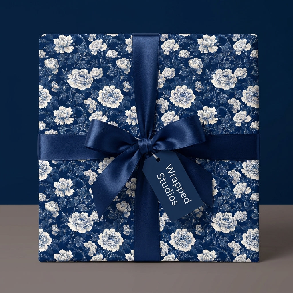 Navy blue floral wrapping paper with white vintage flowers and a luxury satin bow by Wrapped Studios.