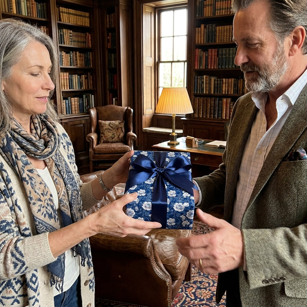 Luxury blue floral wrapping paper with navy ribbon on a gift held by a couple, by Wrapped Studios.
