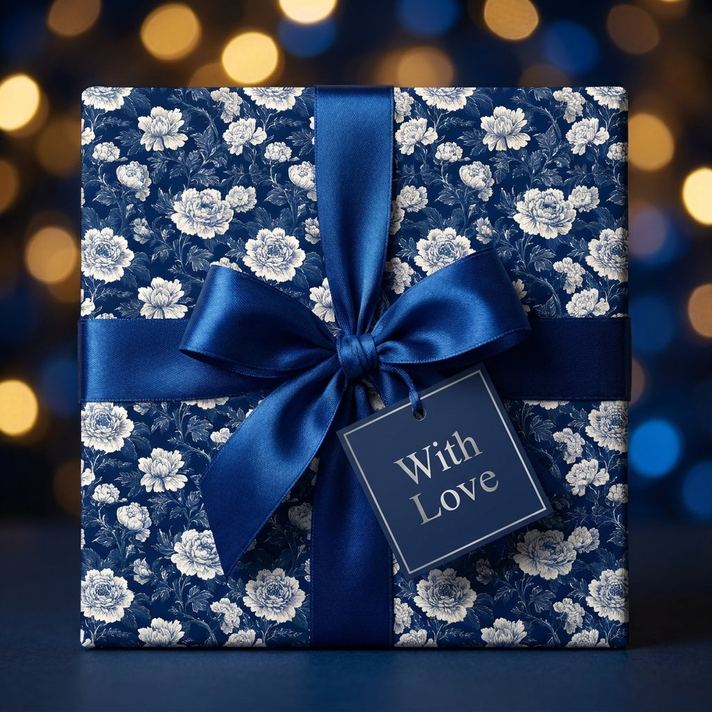 Luxury navy blue floral wrapping paper with a satin bow and "With Love" tag by Wrapped Studios.
