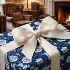 Elegant navy blue floral wrapping paper with an ivory bow by Wrapped Studios, by a cozy fireplace.