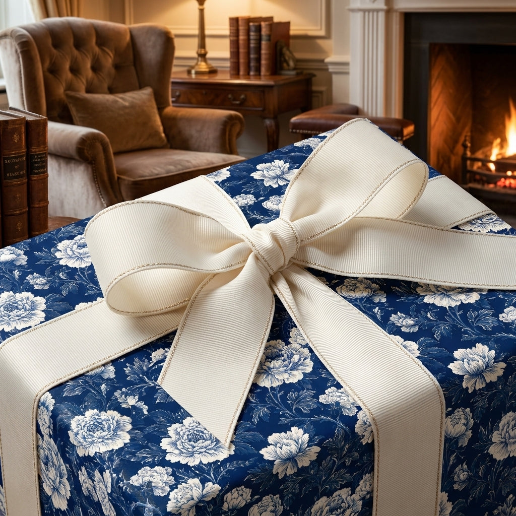 Elegant navy blue floral wrapping paper with an ivory bow by Wrapped Studios, by a cozy fireplace.